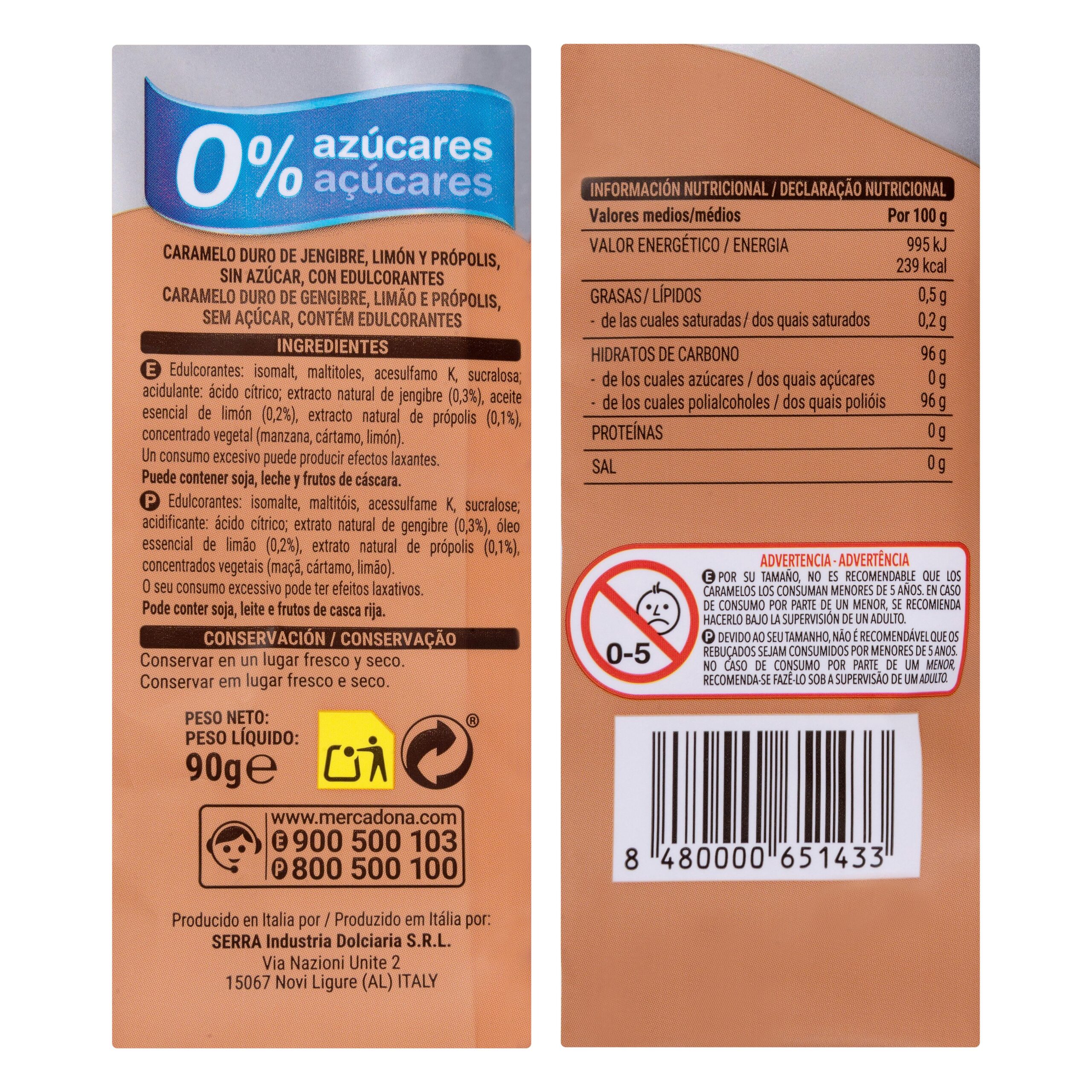 Etiqueta Caramelos jengibre y própolis Hacendado 0% azúcares